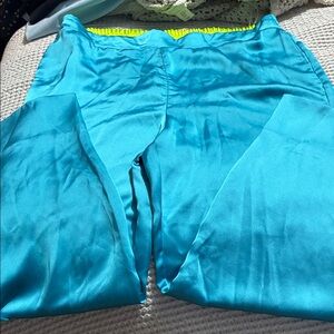Gretchen Scott Designs Turquoise Satin Lounge Pants with Lime Waistband